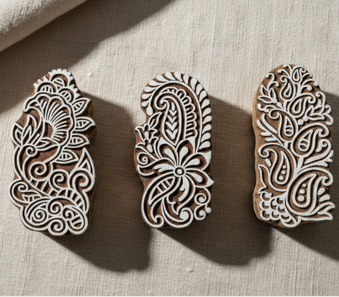 KHUSHA CREATIONS Hand-Carved Wooden Printing Blocks | Pack of 3 Traditional Stamps for Fabric, Henna & DIY Crafts
