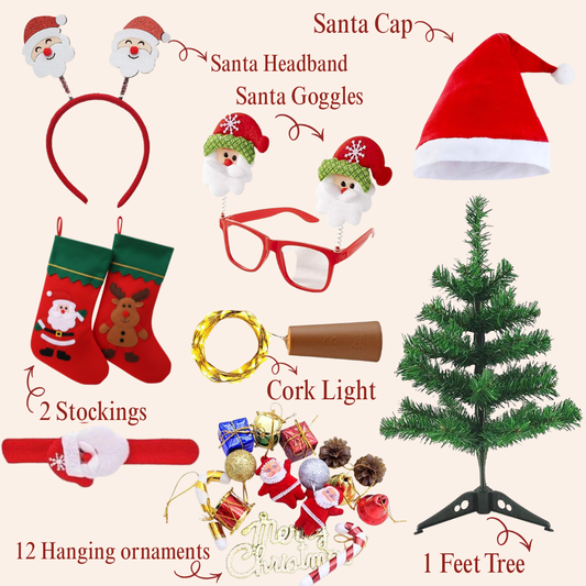 Complete Christmas Decoration Combo Set with Mini Tree, Ornaments, Stockings & Santa Accessories – Festive Home & Party Decor Kit