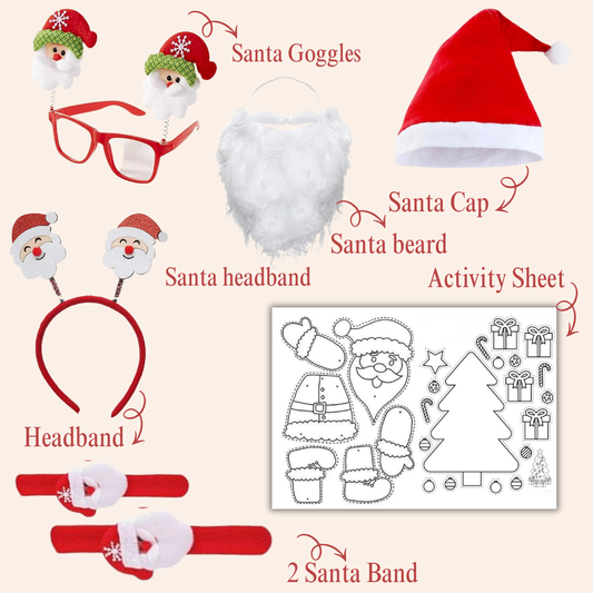Kids Christmas Santa Accessory Kit – Cap, Beard, Goggles, Headband, Wristbands & Activity Sheet