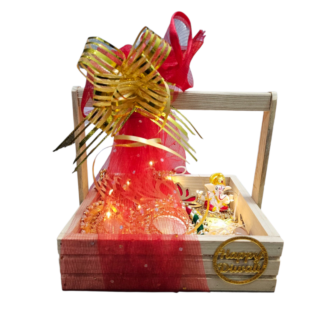 Premium Diwali Gift Hamper with Diyas, Ganesh Idol, Lotus Hangings & Wooden Basket