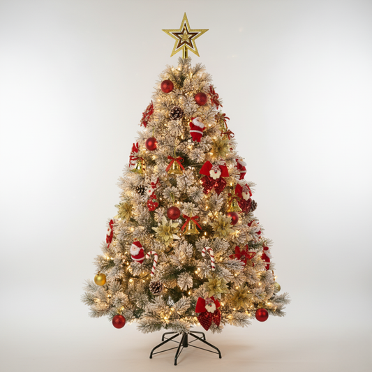 Snow Flocked Christmas Tree Decoration Combo Set – Complete Red & Gold Ornament Pack with Star, Reindeer, Bells, Pinecones, Santa Hangings & More