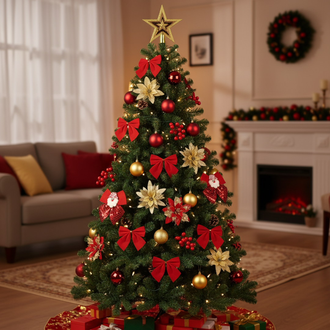 6 Feet Artificial Christmas Tree Decoration Combo Set with Ornaments – Baubles, Bows, Poinsettias, Pinecones, Berries, Merry Christmas Sign & Star Topper