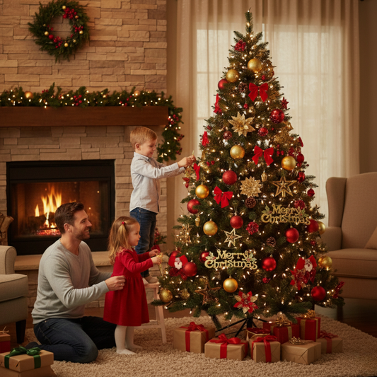 6 Feet Artificial Christmas Tree Decoration Combo Set with Ornaments – Baubles, Bows, Poinsettias, Pinecones, Berries, Merry Christmas Sign & Star Topper