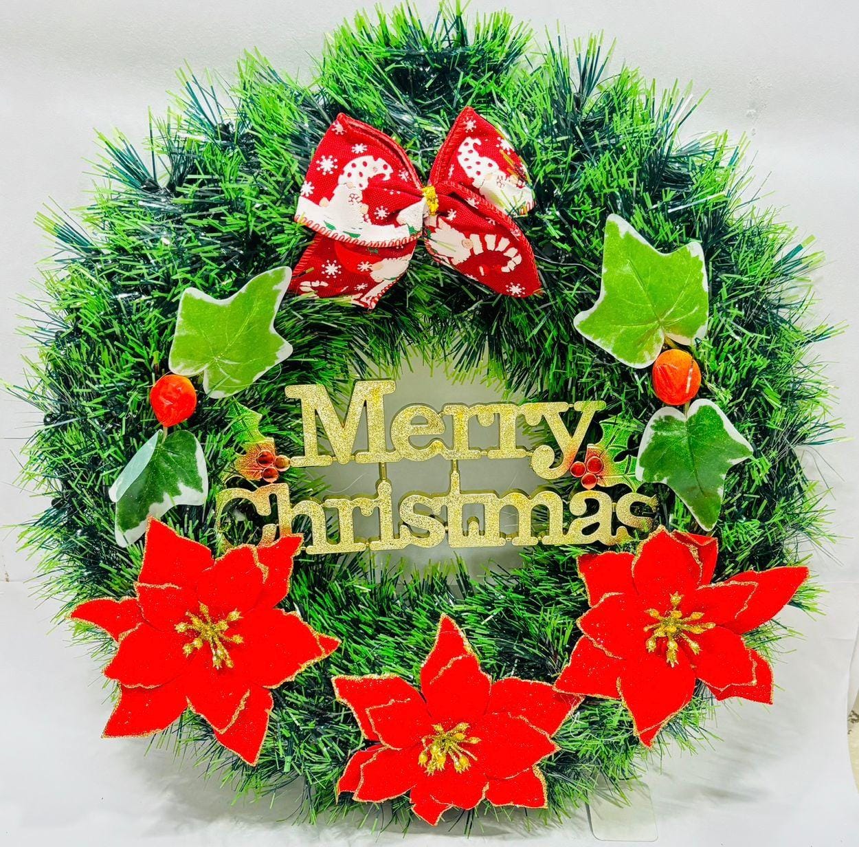 Christmas Wreath for Door Decoration – Green Pine Wreath with Flowers & Berries