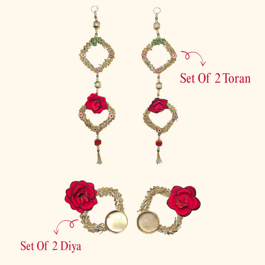 Elegant Red Rose and Gold Toran Set with Matching Rings – Festive & Wedding Decor