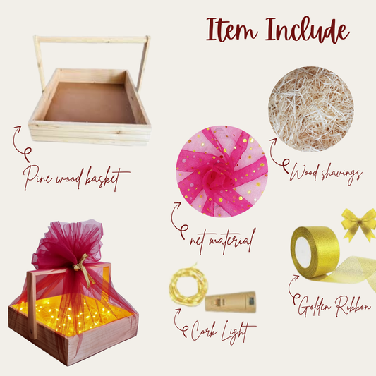 Elegant Wooden Gift Hamper Box with LED Lights & Decorative Net Cover
