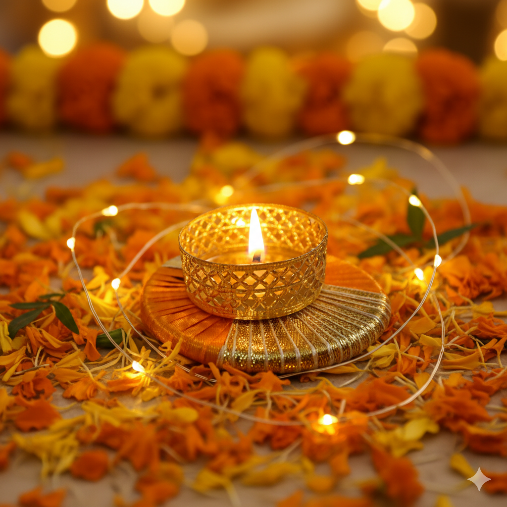 Set of 5 Decorative Golden Metal Diyas with Orange & Silver Base – Diwali Home Décor & Puja Lighting by Khusha Creations