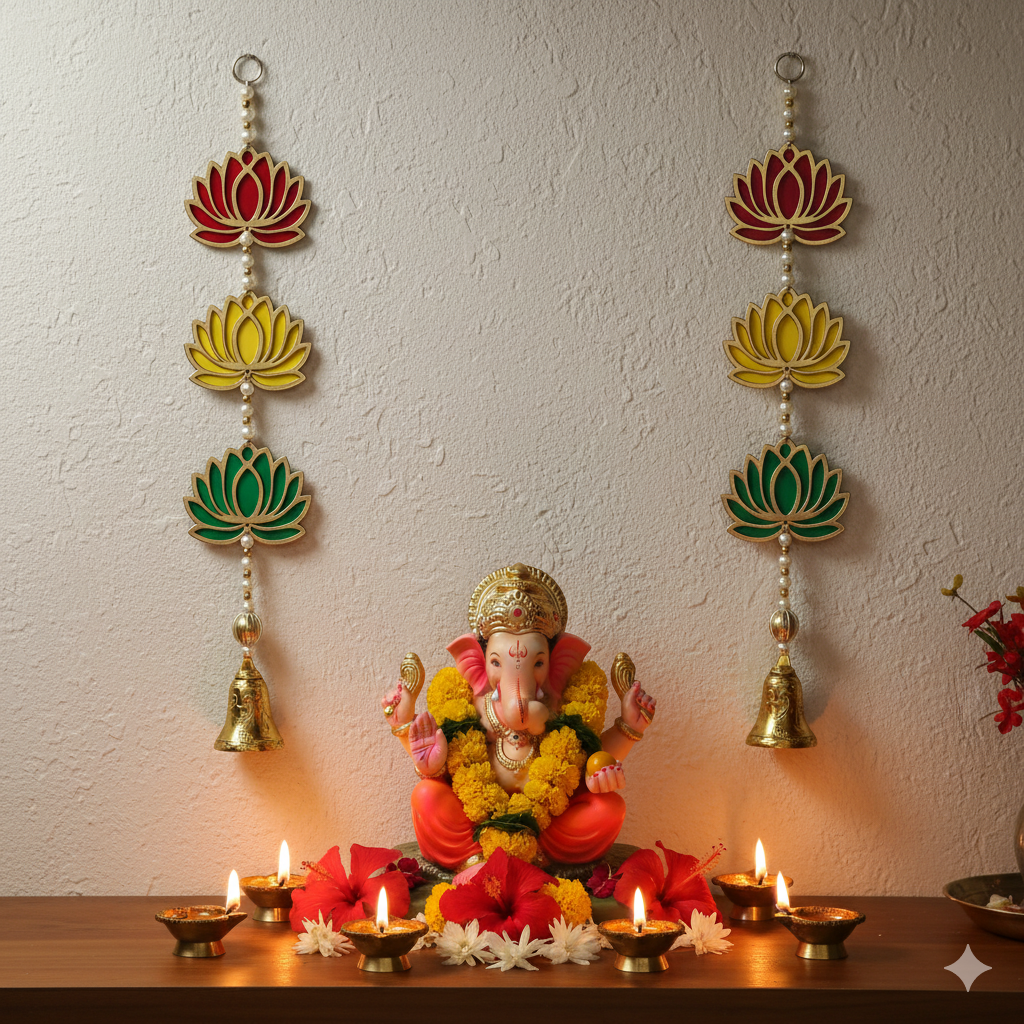 Lotus Toran Set of 2 with Golden Bells – Decorative Door & Wall Hanging