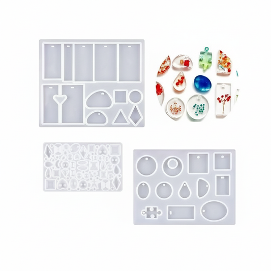KHUSHA CREATIONS Resin Art Mould Set, 3 Pieces, DIY Jewellery Making Kit with Keychains Pendant Casting Moulds