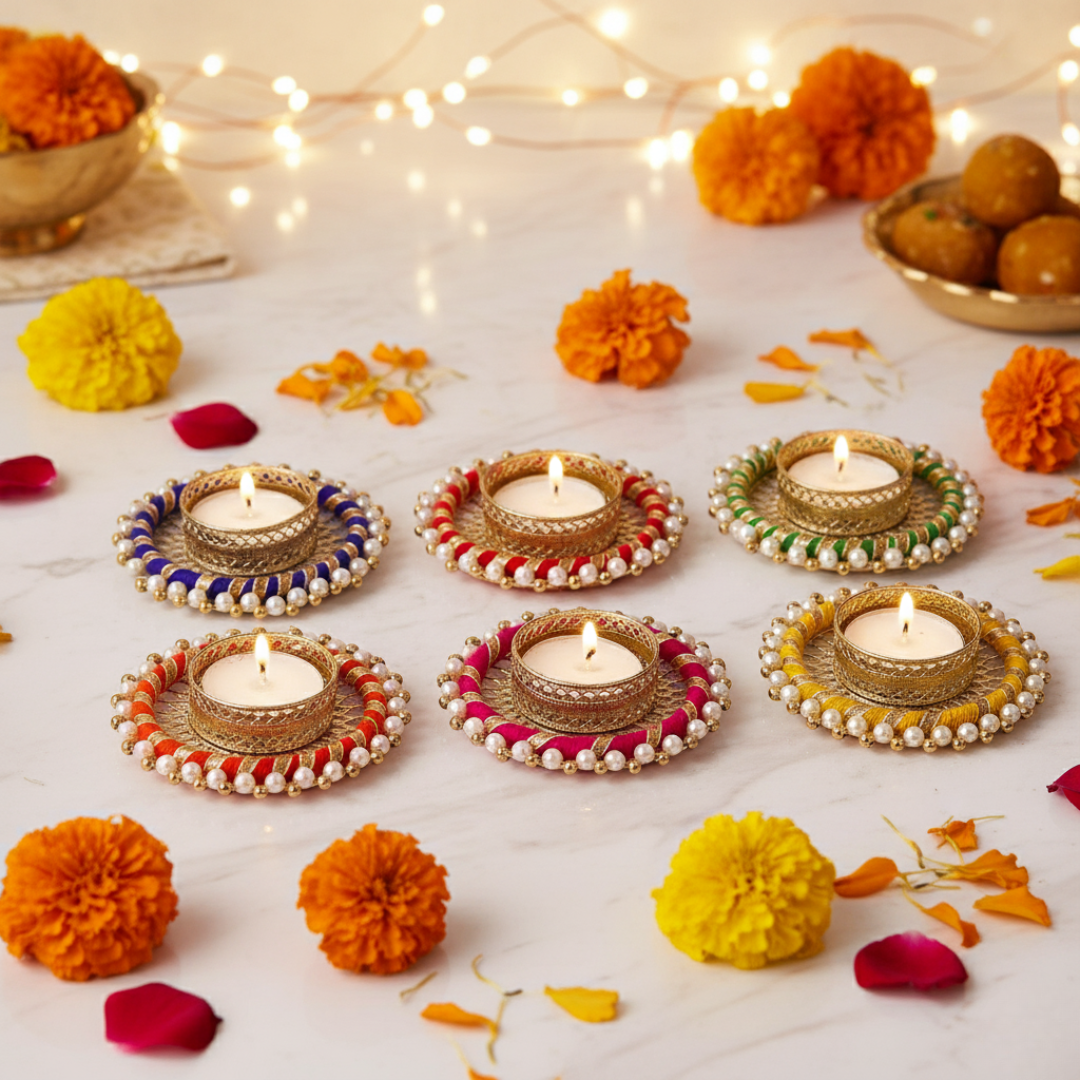 Set of 6 Decorative Tealight Candle Holder Diyas for Diwali & Festive Décor