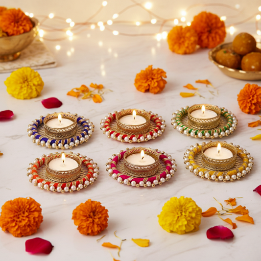 Set of 6 Decorative Tealight Candle Holder Diyas for Diwali & Festive Décor