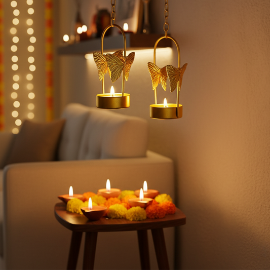 Set of 2 Butterfly Hanging Tealight Candle Holders for Home & Festive Décor