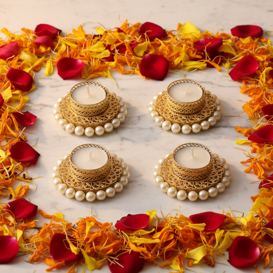 Golden Pearl Decorative Tealight Holders – Set of 2, 4 & 6 | Premium Diya for Diwali, Pooja & Home Décor