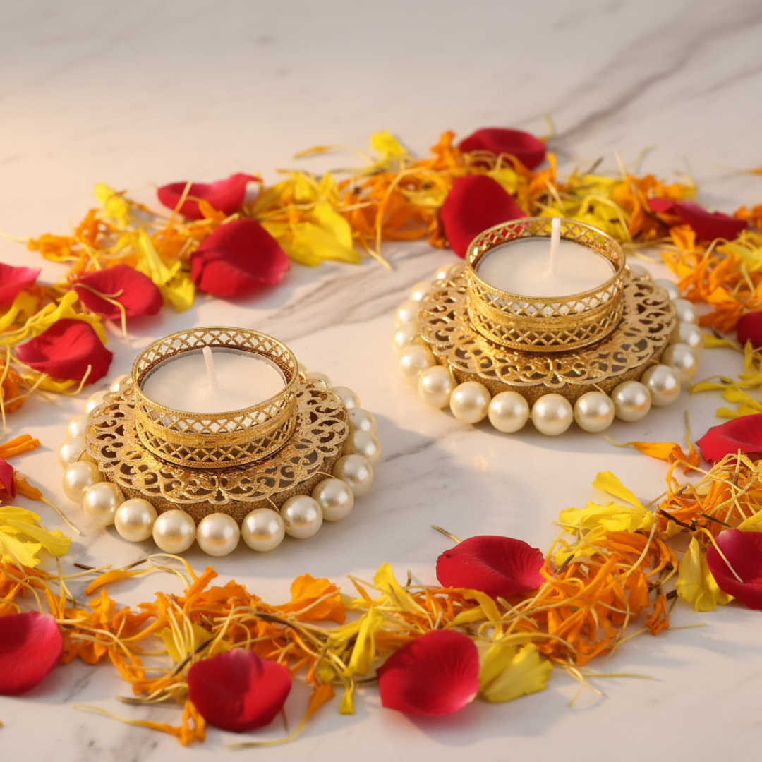 Golden Pearl Decorative Tealight Holders – Set of 2, 4 & 6 | Premium Diya for Diwali, Pooja & Home Décor