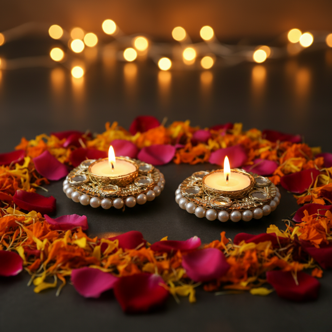 Set of 2/4/6 Pearl & Mirror Work Decorative Tealight Candle Holders for Diwali