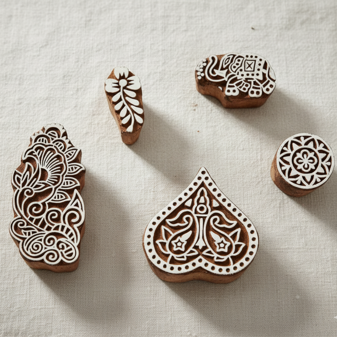 KHUSHA CREATIONS Wooden Printing Blocks/Stamps : Hand Carved Fabric Printing Block Wooden Craft Henna Block (Pack of 5)