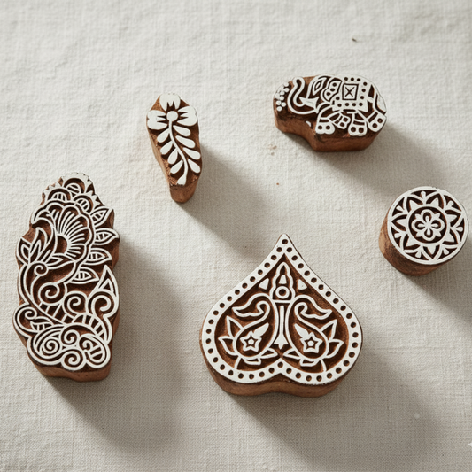 KHUSHA CREATIONS Wooden Printing Blocks/Stamps : Hand Carved Fabric Printing Block Wooden Craft Henna Block (Pack of 5)