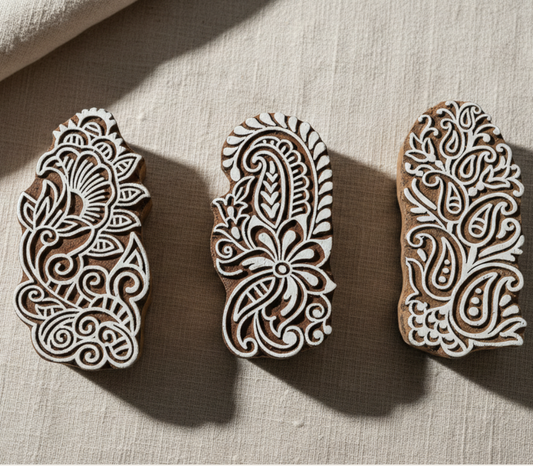 KHUSHA CREATIONS Hand-Carved Wooden Printing Blocks | Pack of 3 Traditional Stamps for Fabric, Henna & DIY Crafts