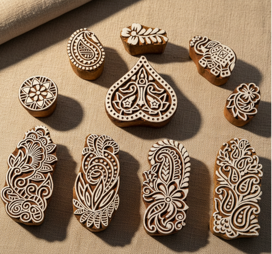 KHUSHA CREATIONS Hand-Carved Wooden Printing Blocks | Pack of 10 Traditional Stamps for Fabric Printing, Henna & DIY Crafts