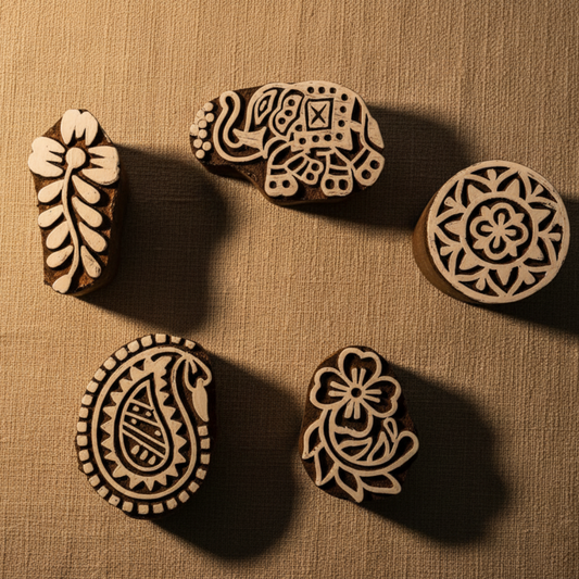 KHUSHA CREATIONS Hand-Carved Wooden Printing Blocks | Pack of 5 Stamps for Fabric Printing, Henna & DIY Crafts
