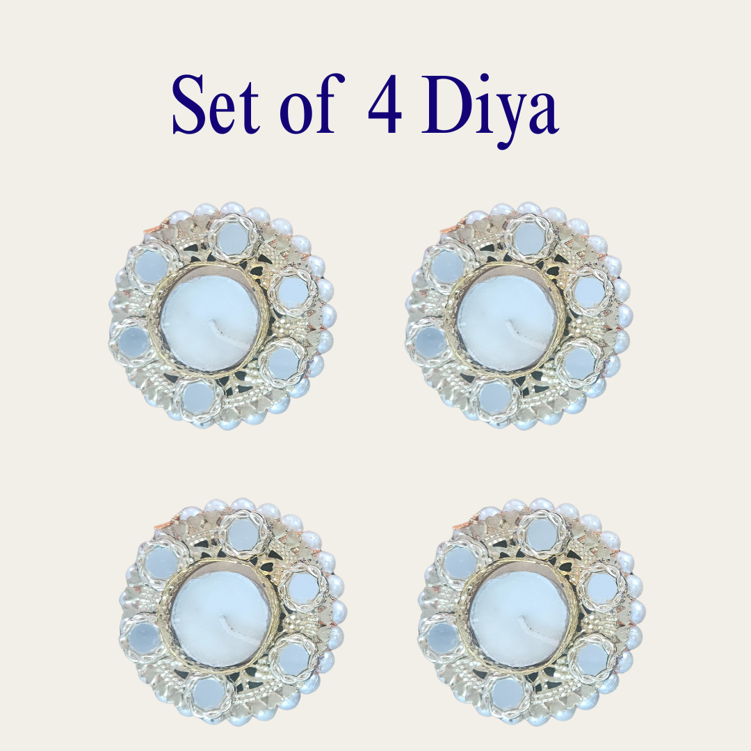 Set of 2/4/6 Pearl & Mirror Work Decorative Tealight Candle Holders for Diwali