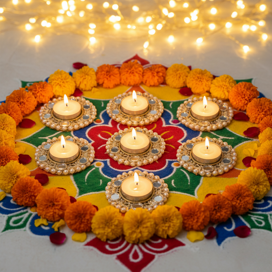 Set of 2/4/6 Pearl & Mirror Work Decorative Tealight Candle Holders for Diwali