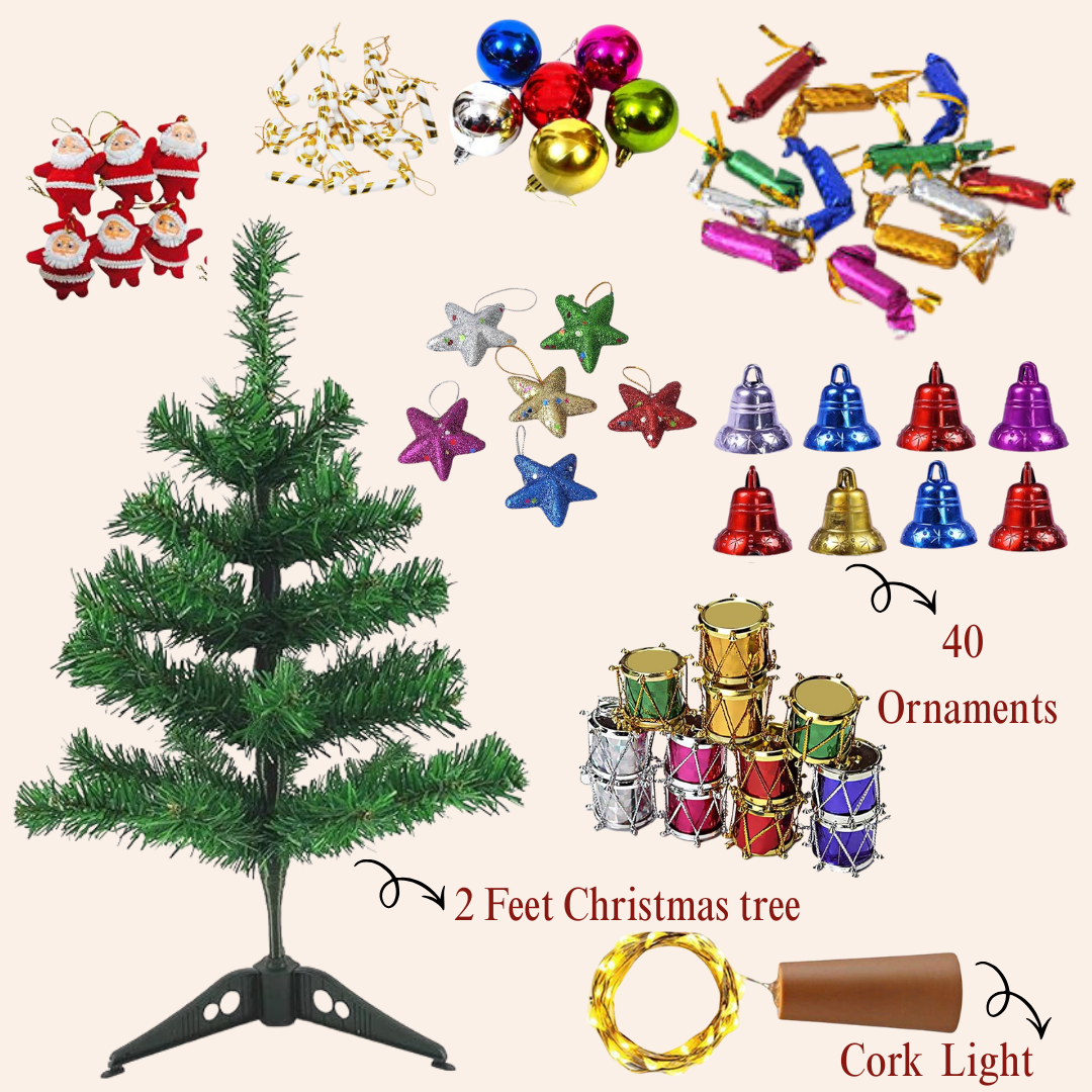 2 Feet Artificial Christmas Tree Decoration Set with 40 Ornaments & LED Cork Light – Complete Mini Xmas Tree Décor for Home, Office & Party