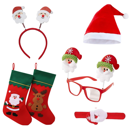 Christmas Celebration Accessories Combo Set – Santa Cap, Headband, Goggles, Santa Band & 2 Christmas Stockings | Perfect for Parties, Décor & Gifting