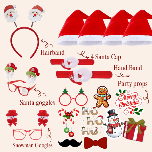 Christmas Party Accessory Set of 12 – Santa Caps, Hairband, Hand Bands & Fun Goggles for Kids & Adults
