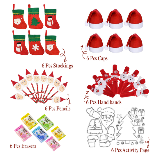 Christmas Kids Gift Combo Set of 6 – Stockings, Caps, Pencils, Hand Bands, Erasers & Activity Sheets