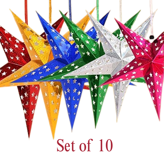 Set of 10 Metallic Hanging Star Decorations – Multicolor 3D Hanging Stars for Christmas, Diwali & Party Décor