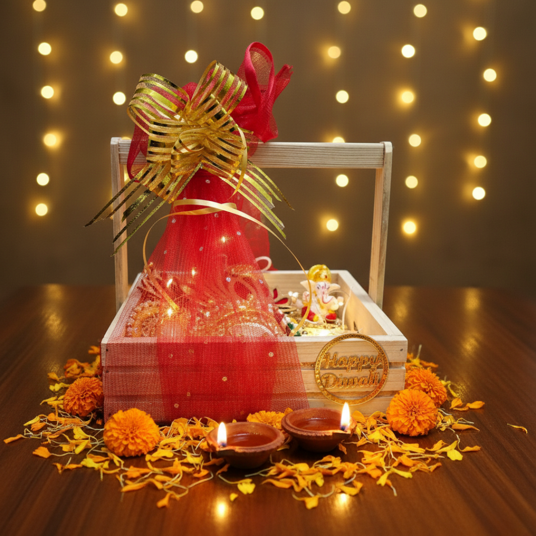 Premium Diwali Gift Hamper with Diyas, Ganesh Idol, Lotus Hangings & Wooden Basket