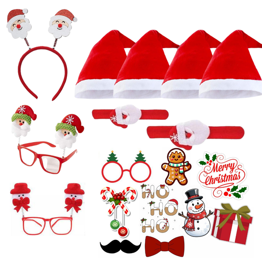 Christmas Party Accessory Set of 12 – Santa Caps, Hairband, Hand Bands & Fun Goggles for Kids & Adults