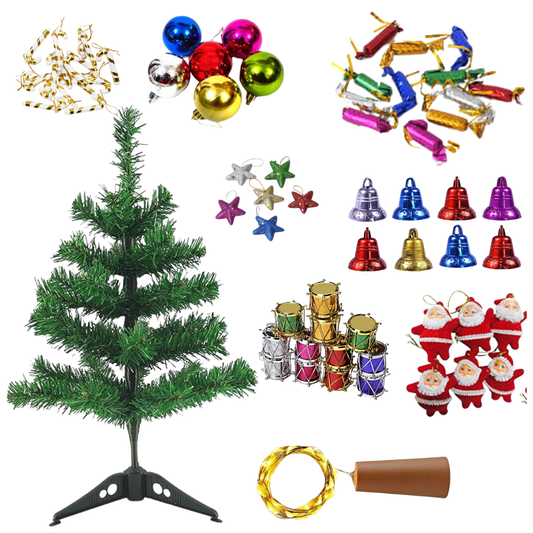 2 Feet Artificial Christmas Tree Decoration Set with 40 Ornaments & LED Cork Light – Complete Mini Xmas Tree Décor for Home, Office & Party