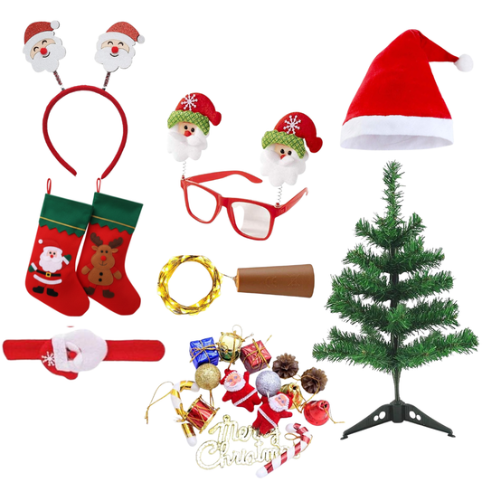 Complete Christmas Decoration Combo Set with Mini Tree, Ornaments, Stockings & Santa Accessories – Festive Home & Party Decor Kit