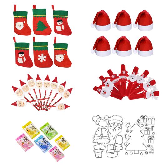 Christmas Kids Gift Combo Set of 6 – Stockings, Caps, Pencils, Hand Bands, Erasers & Activity Sheets