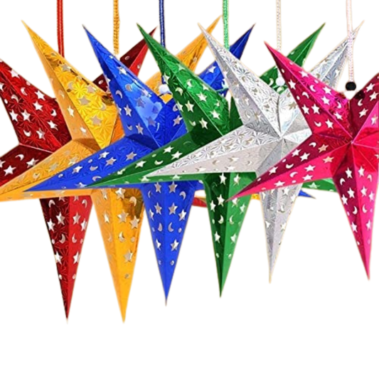 Set of 10 Metallic Hanging Star Decorations – Multicolor 3D Hanging Stars for Christmas, Diwali & Party Décor