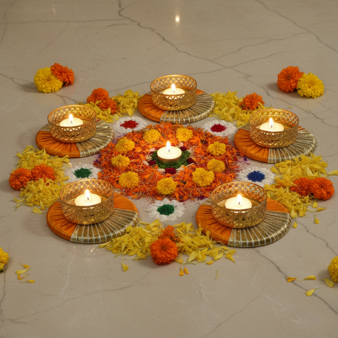 Set of 5 Decorative Golden Metal Diyas with Orange & Silver Base – Diwali Home Décor & Puja Lighting by Khusha Creations