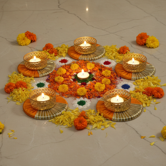 Set of 5 Decorative Golden Metal Diyas with Orange & Silver Base – Diwali Home Décor & Puja Lighting by Khusha Creations