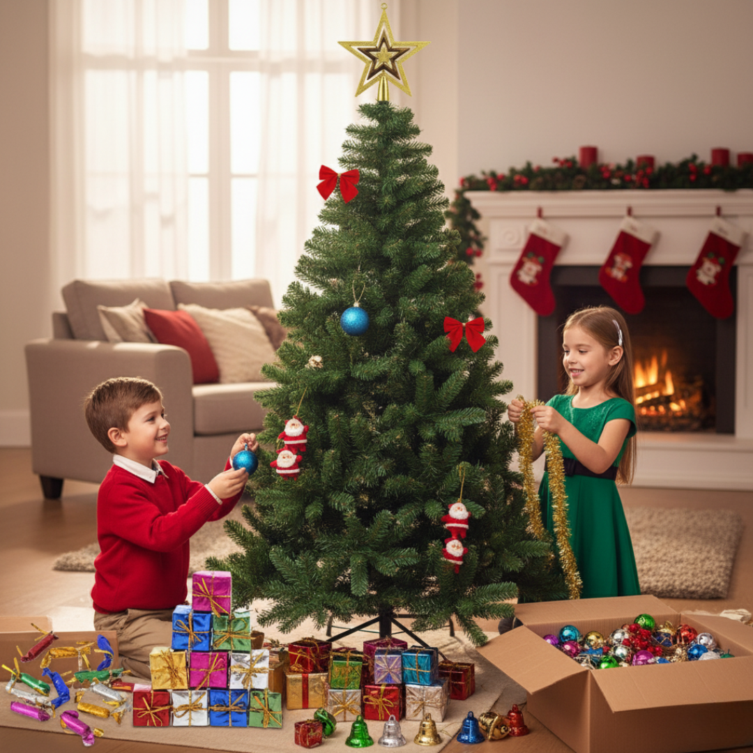 6 Feet Christmas Tree Decoration Combo Set – Complete Festive Kit with Ornaments, Gift Boxes, Bells, Stars, Ribbons & Santa Hangings