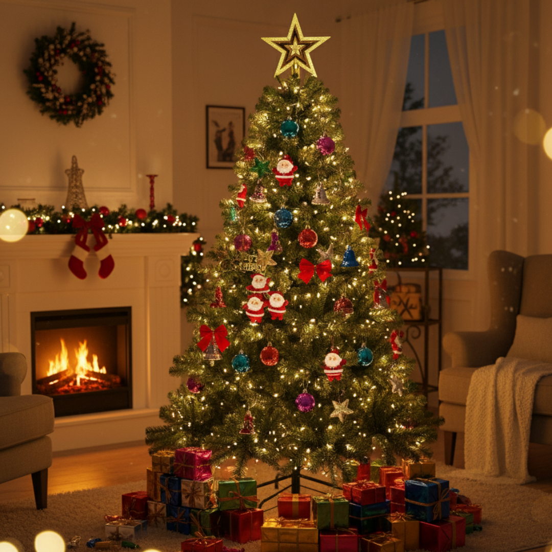 6 Feet Christmas Tree Decoration Combo Set – Complete Festive Kit with Ornaments, Gift Boxes, Bells, Stars, Ribbons & Santa Hangings