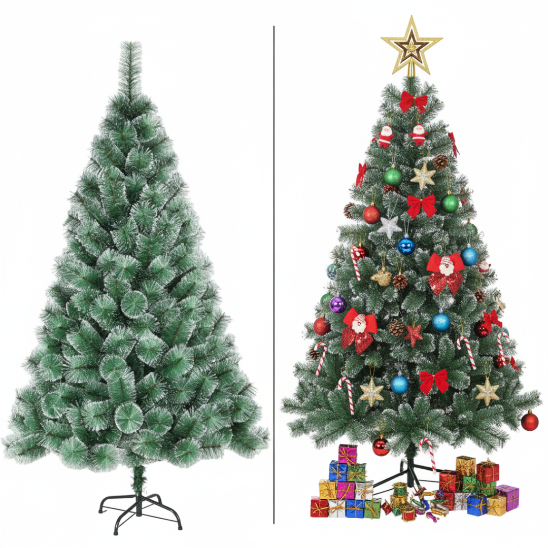 Christmas Tree Decoration Combo Set with Artificial Tree, Ornaments, Baubles, Stars, Bows, Pine Cones, Drums & Gift Boxes – Complete Christmas Decor Kit
