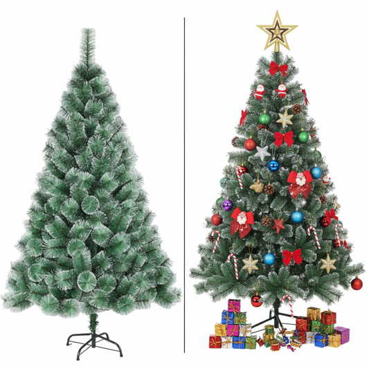 Christmas Tree Decoration Combo Set with Artificial Tree, Ornaments, Baubles, Stars, Bows, Pine Cones, Drums & Gift Boxes – Complete Christmas Decor Kit