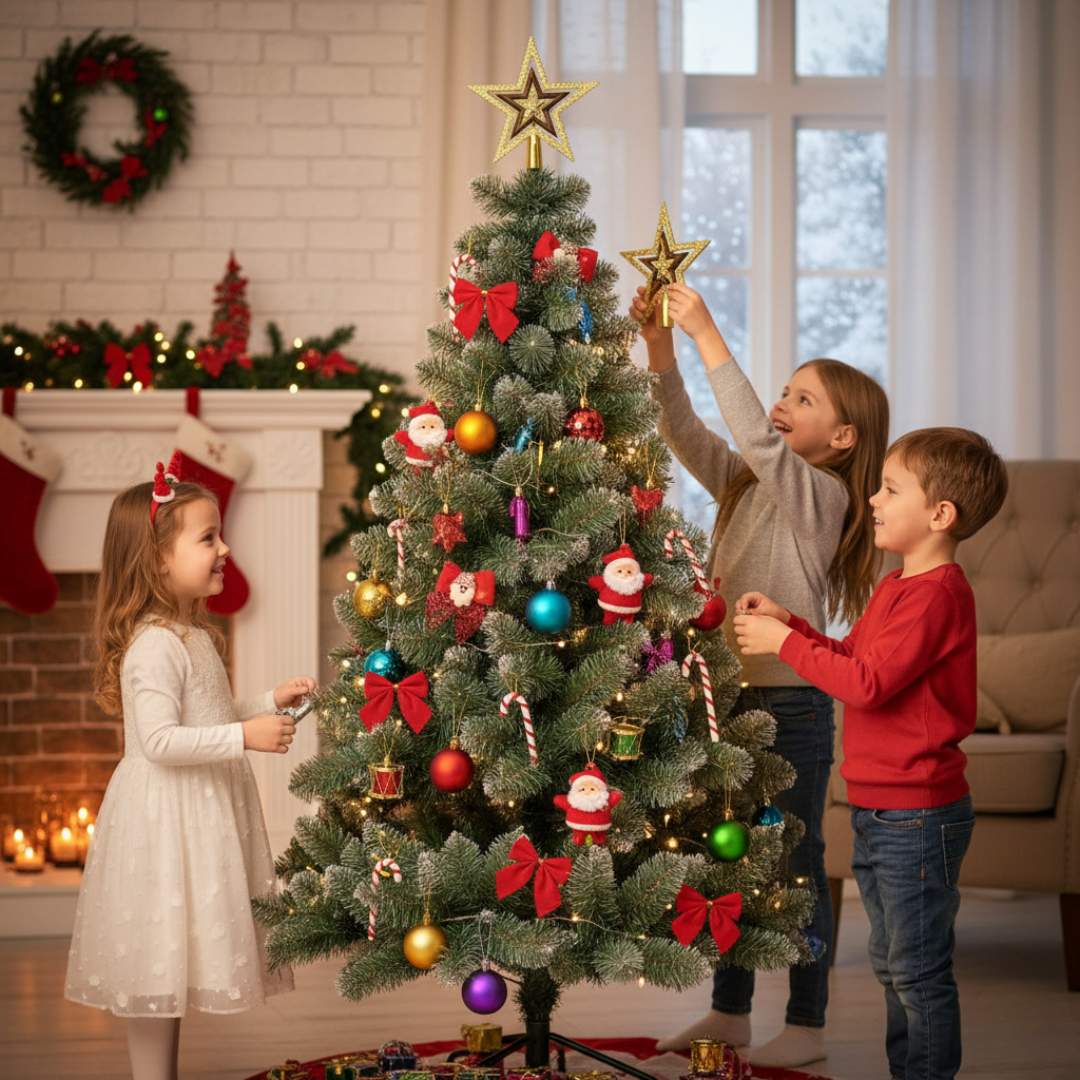 Christmas Tree Decoration Combo Set with Artificial Tree, Ornaments, Baubles, Stars, Bows, Pine Cones, Drums & Gift Boxes – Complete Christmas Decor Kit