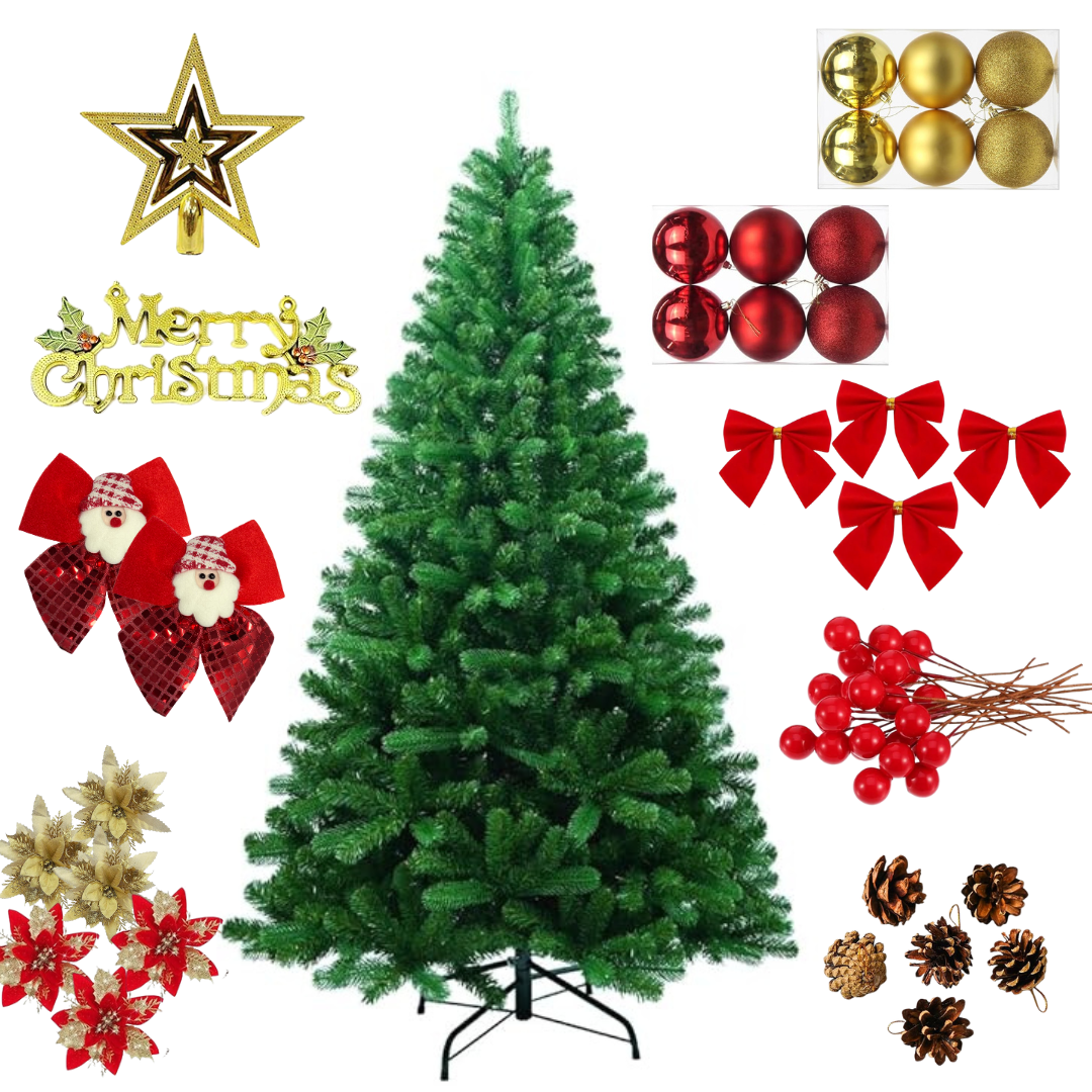 6 Feet Artificial Christmas Tree Decoration Combo Set with Ornaments – Baubles, Bows, Poinsettias, Pinecones, Berries, Merry Christmas Sign & Star Topper