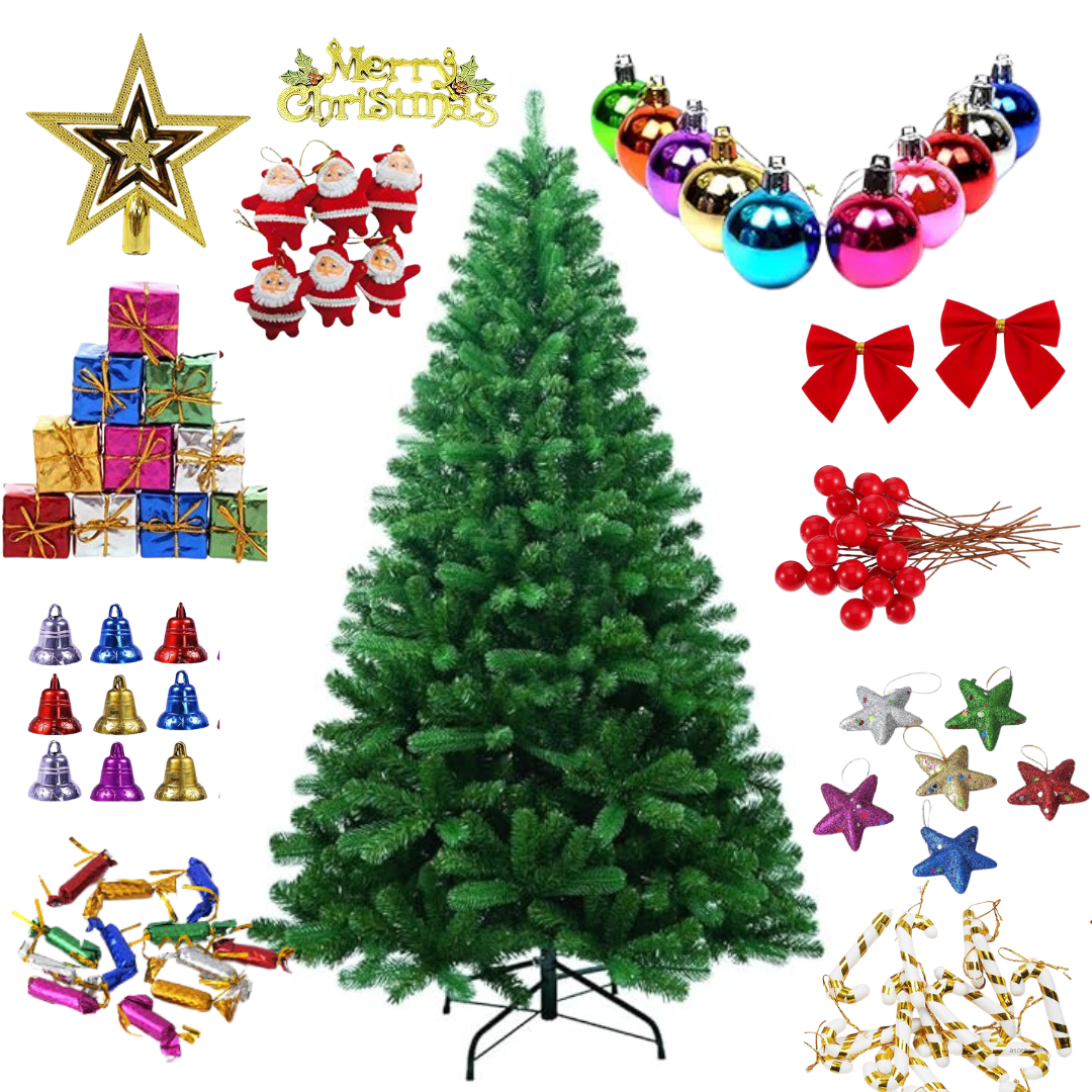 6 Feet Christmas Tree Decoration Combo Set – Complete Festive Kit with Ornaments, Gift Boxes, Bells, Stars, Ribbons & Santa Hangings