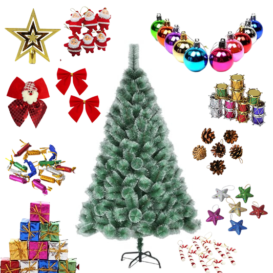Christmas Tree Decoration Combo Set with Artificial Tree, Ornaments, Baubles, Stars, Bows, Pine Cones, Drums & Gift Boxes – Complete Christmas Decor Kit