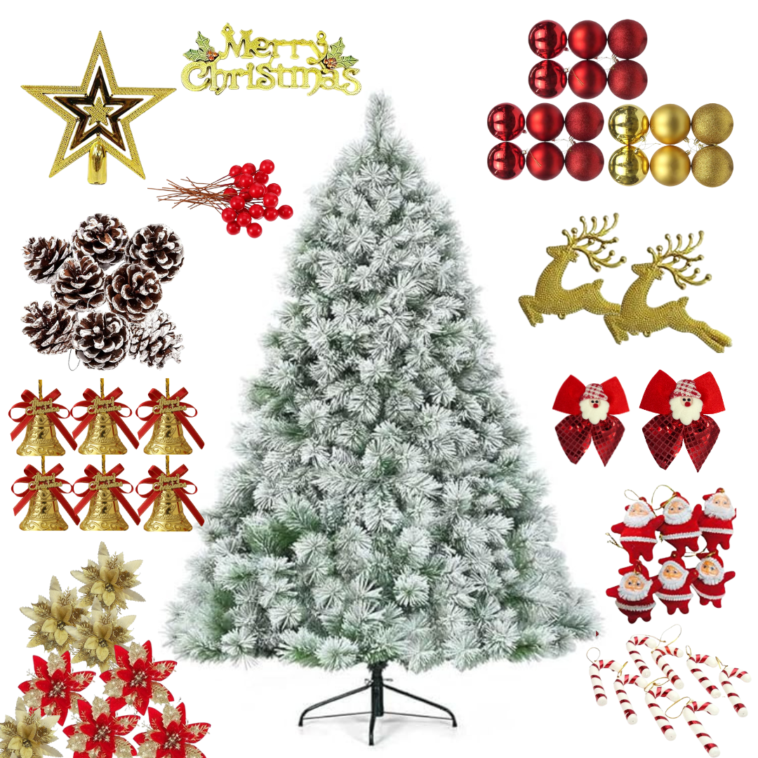 Snow Flocked Christmas Tree Decoration Combo Set – Complete Red & Gold Ornament Pack with Star, Reindeer, Bells, Pinecones, Santa Hangings & More
