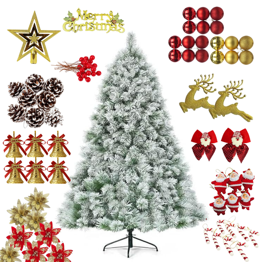 Snow Flocked Christmas Tree Decoration Combo Set – Complete Red & Gold Ornament Pack with Star, Reindeer, Bells, Pinecones, Santa Hangings & More