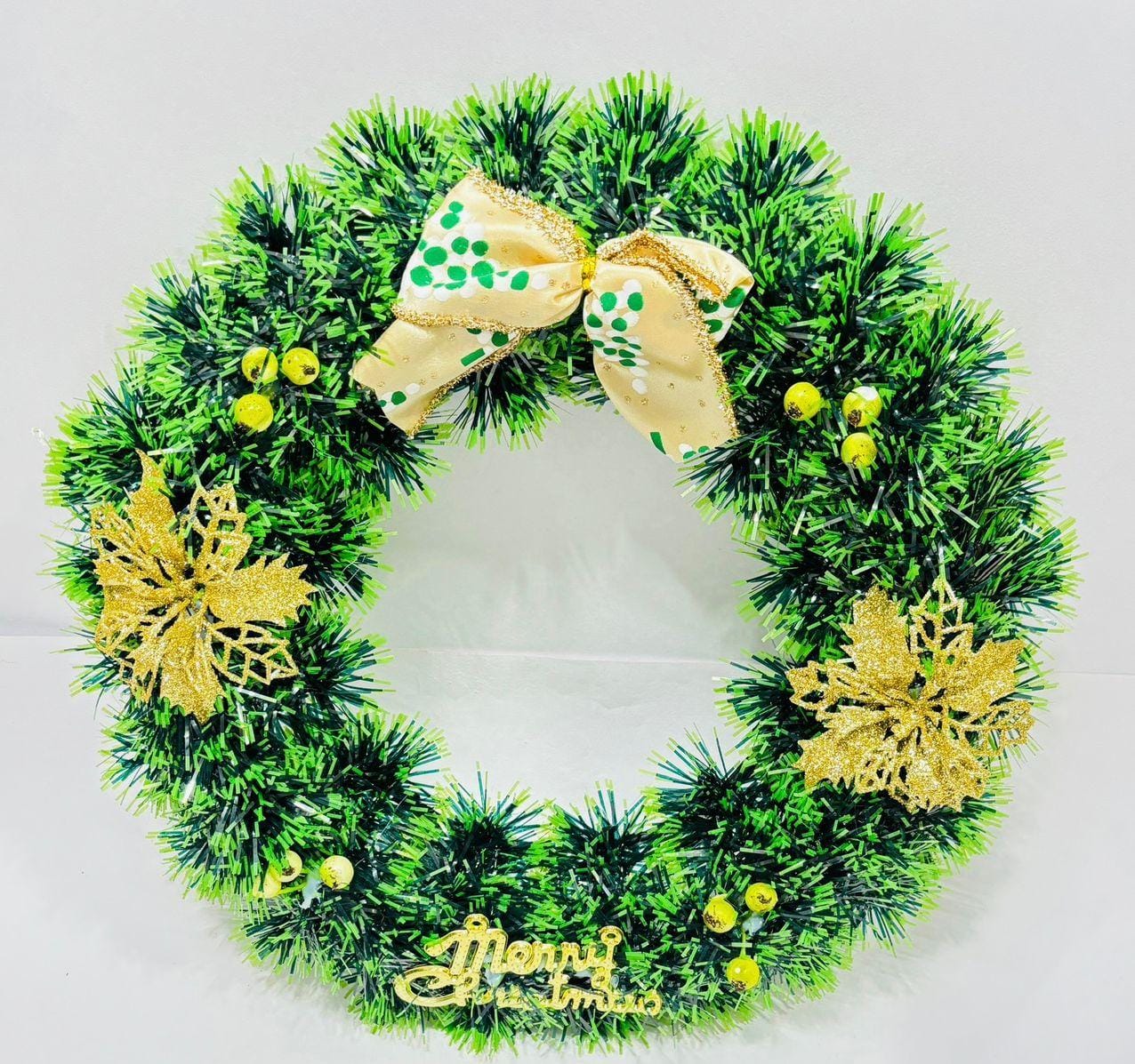 Christmas Wreath for Door Decoration – Green Pine Wreath with Flowers & Berries